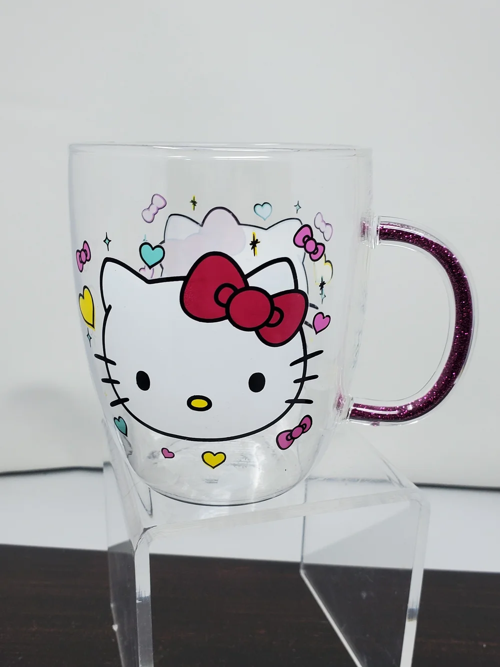 Hello Kitty Clear Mug with Pink Glitter Handle and Red Bow